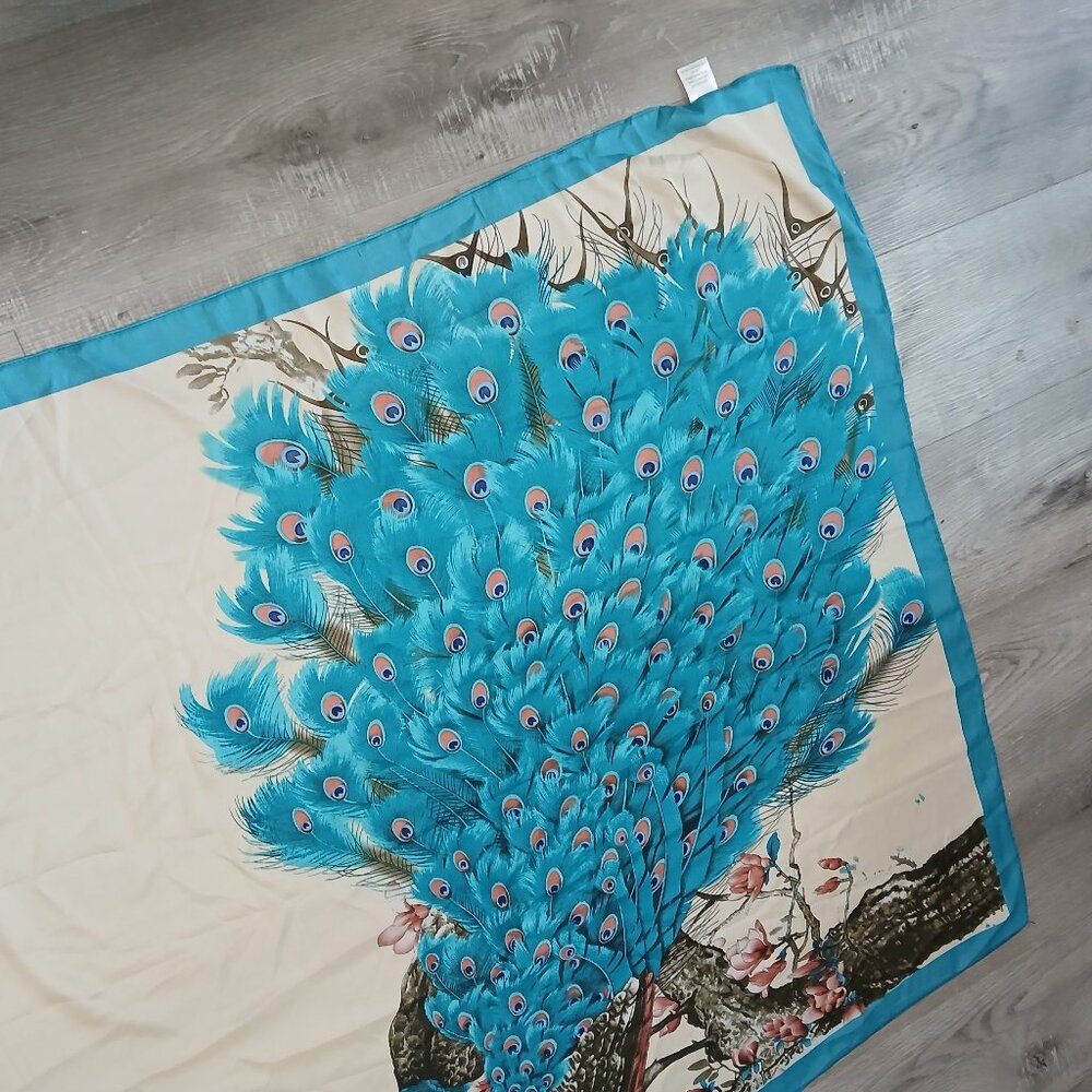 Super Large Teal Peacock and Cherry Blossom Scarf Wrap - Picture 9 of 9